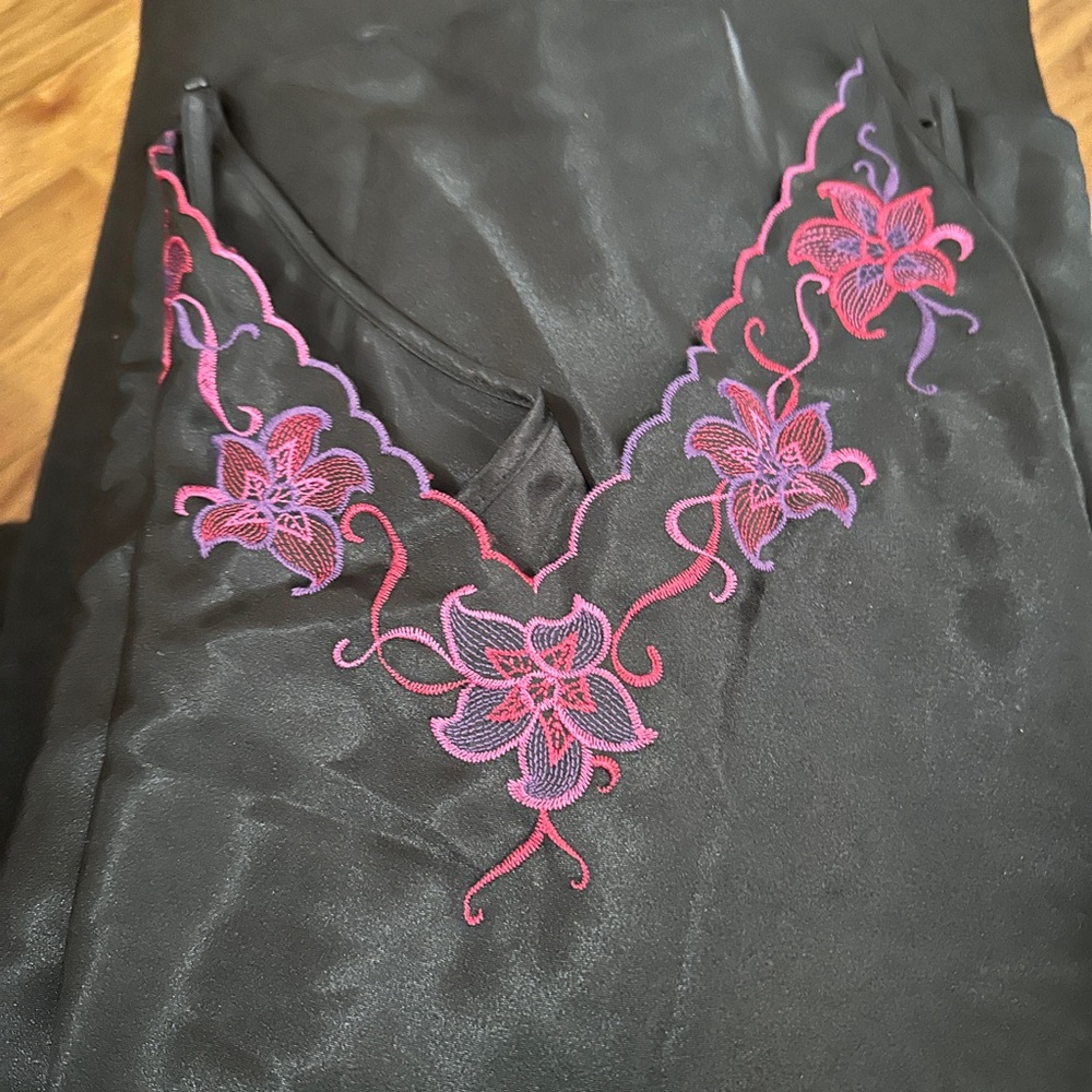 Black Nightgown with Floral Embroidery with Blue Belt